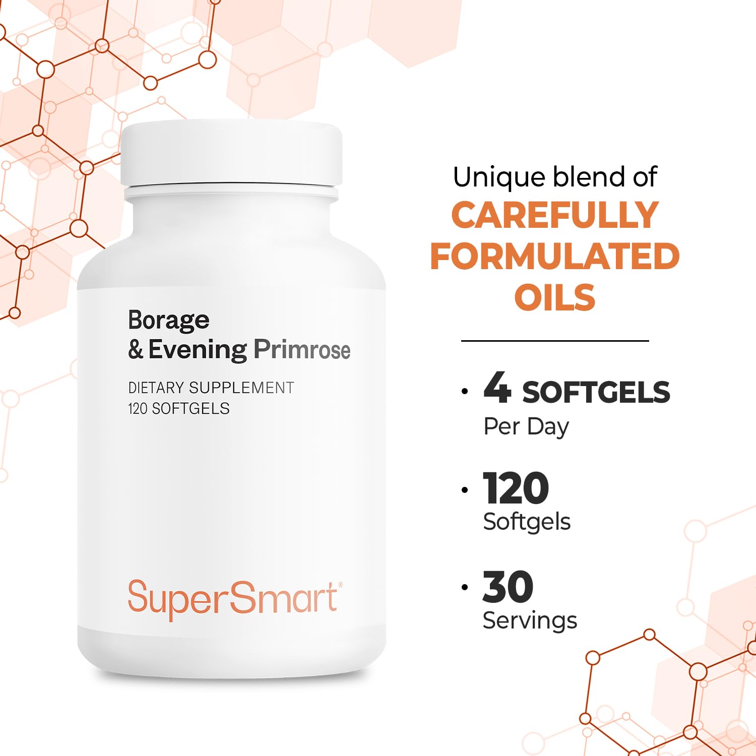 Side view text detailing nutritional information for Supersmart cold pressed gamma linolenic acid