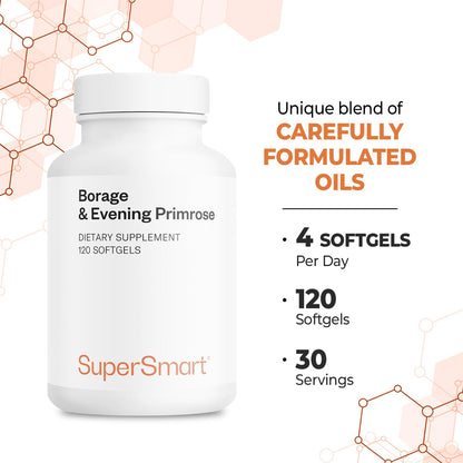 Side view text detailing nutritional information for Supersmart cold pressed gamma linolenic acid