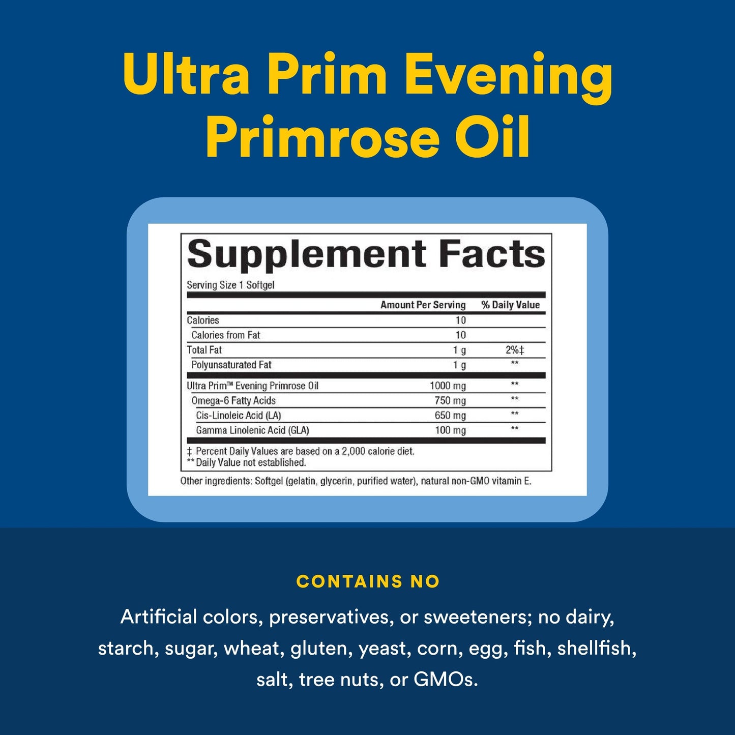 Cold pressed evening primrose oil 1000mg dietary supplement packaging showing authenticity details