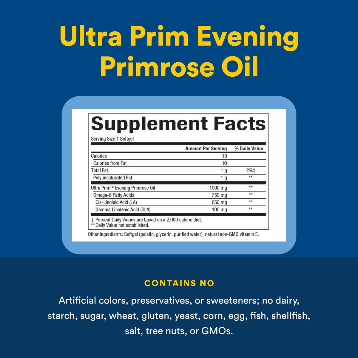 Cold pressed evening primrose oil 1000mg dietary supplement packaging showing authenticity details