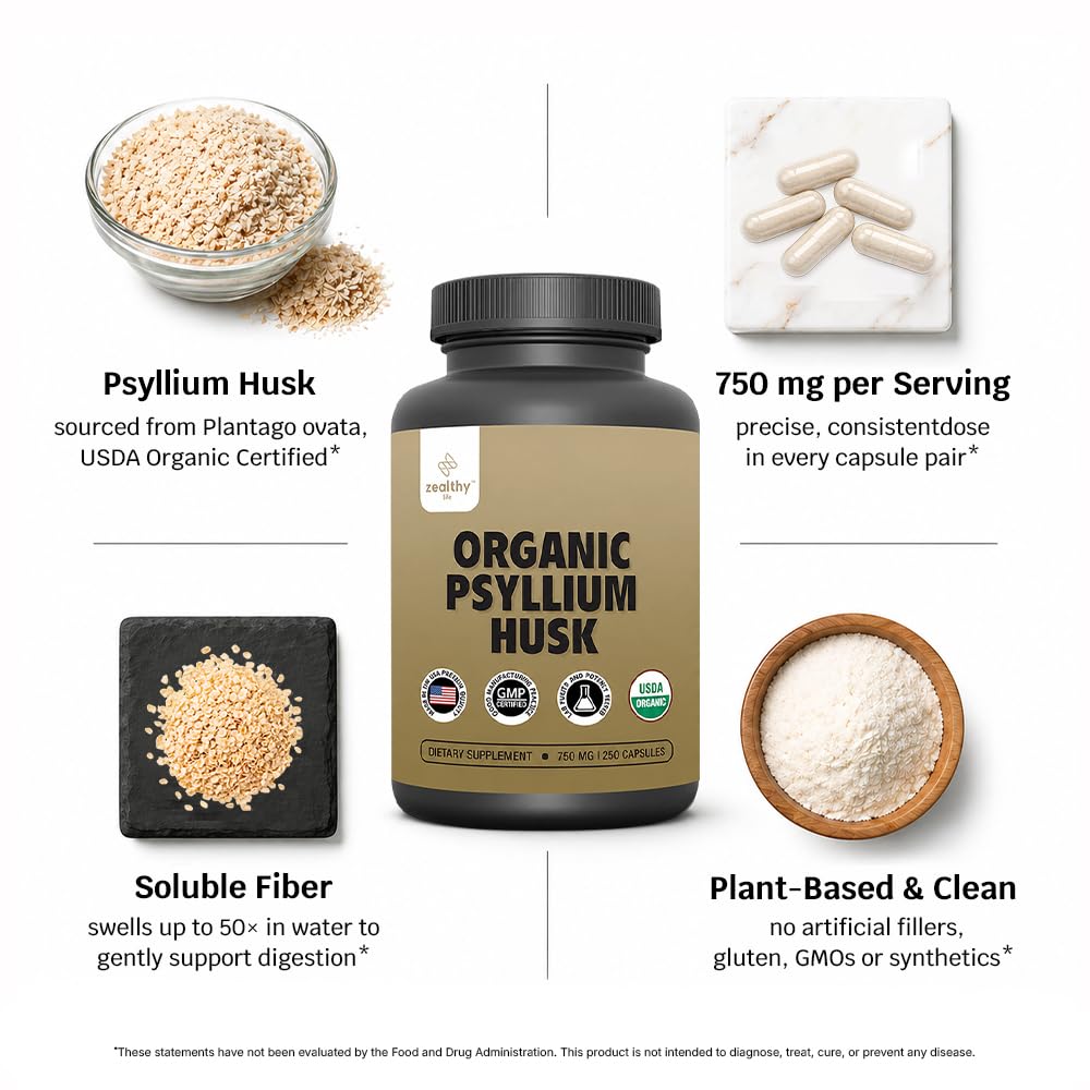 Premium gut health support Zealthy Life psyllium husk bottle