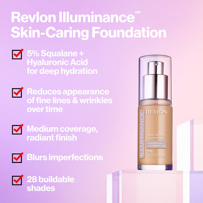 Hydrating liquid foundation packaging showing hyaluronic acid and squalane product details