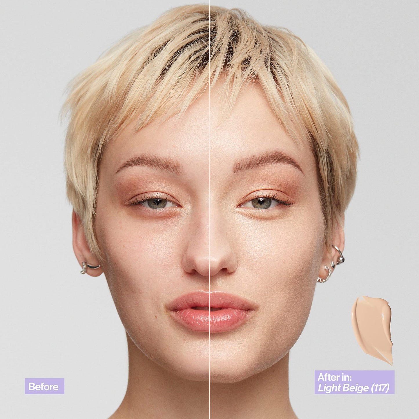 Revlon liquid foundation cream texture swatch on a light skin tone backdrop