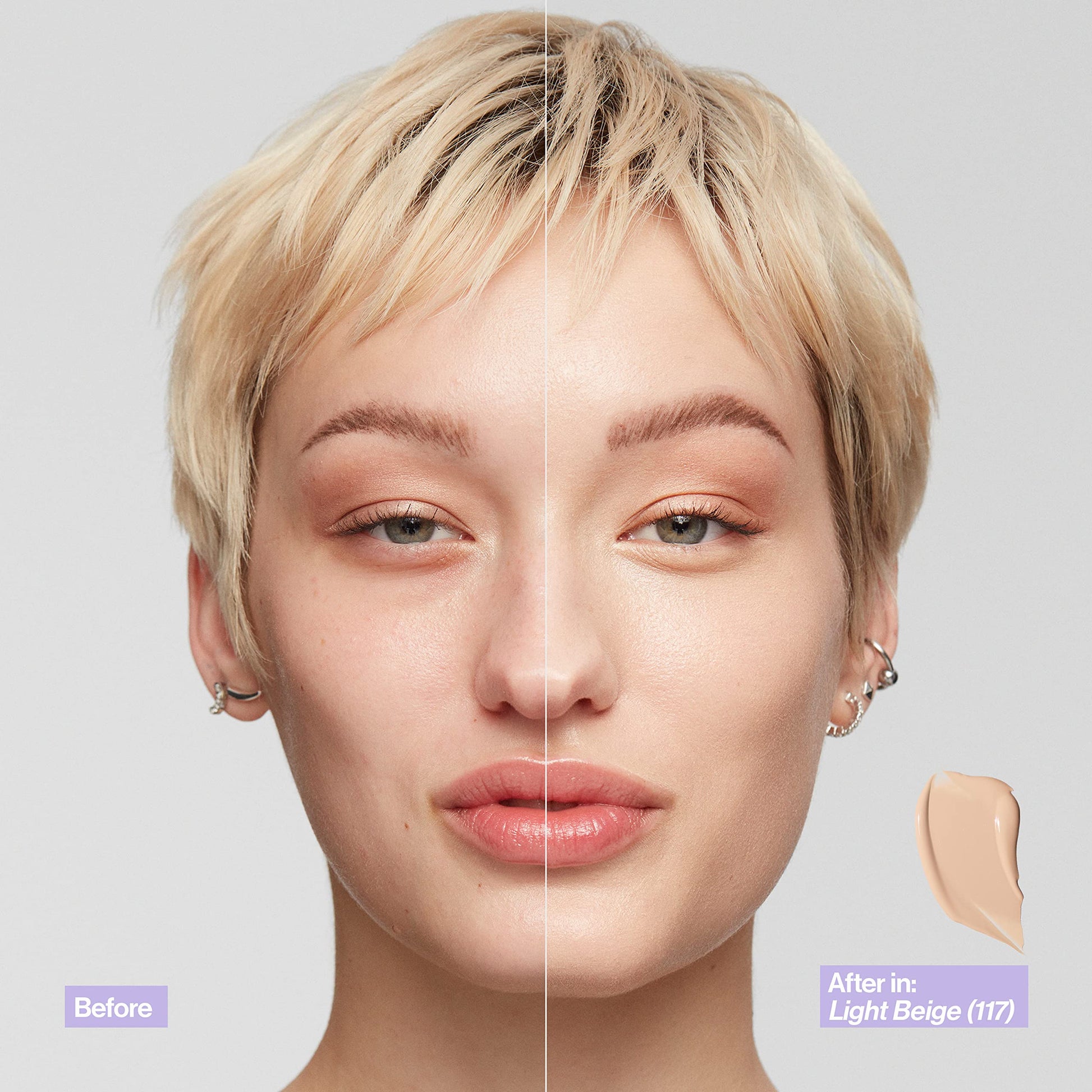 Revlon liquid foundation cream texture swatch on a light skin tone backdrop