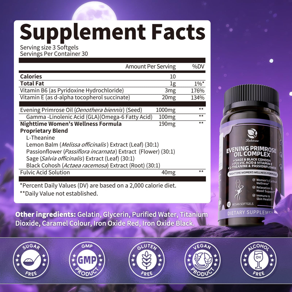 Lukaree women nighttime wellness supplement containing sage black cohosh and l theanine