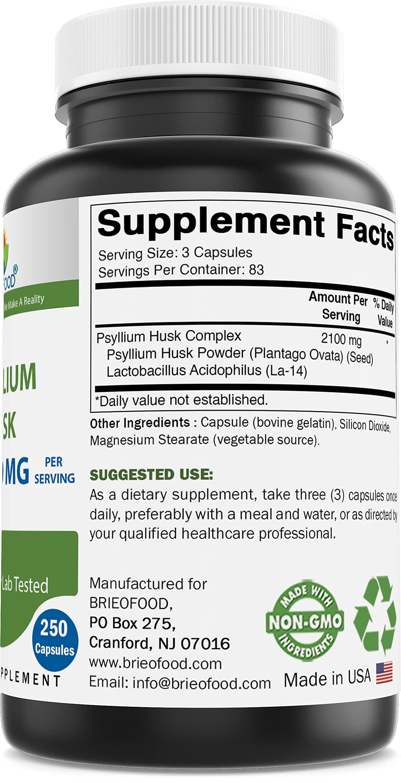 Brieofood digestive health supplement 250 capsules label details