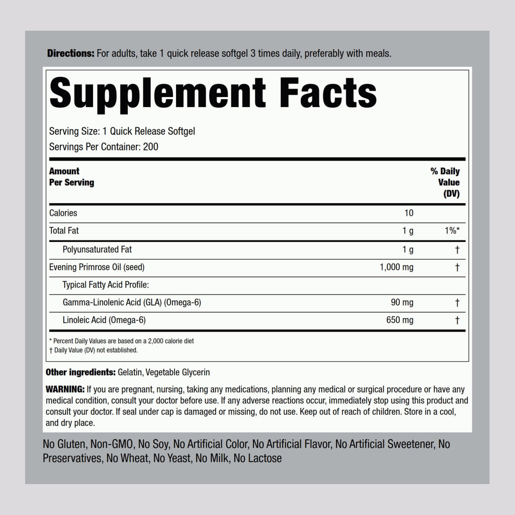 Piping Rock cold pressed evening primrose oil capsules nutritional facts label closeup