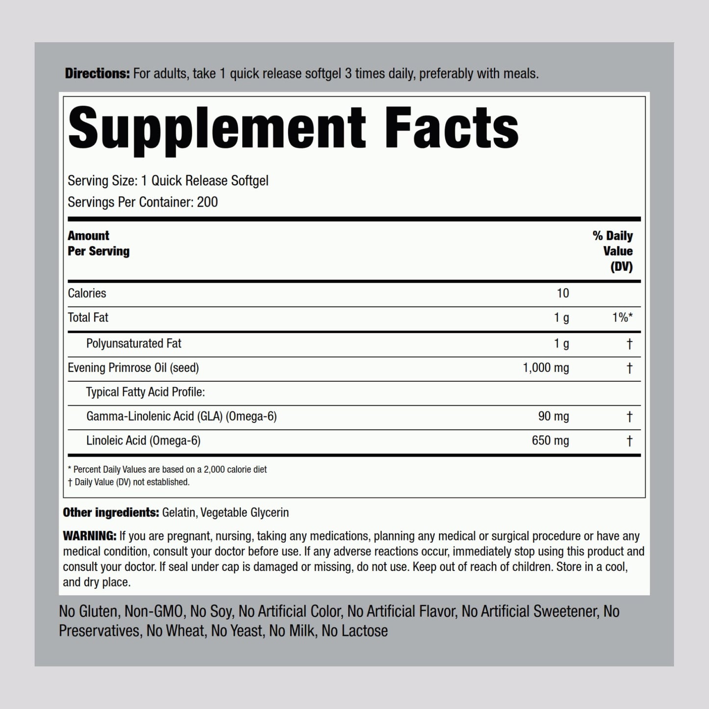 Piping Rock cold pressed evening primrose oil capsules nutritional facts label closeup