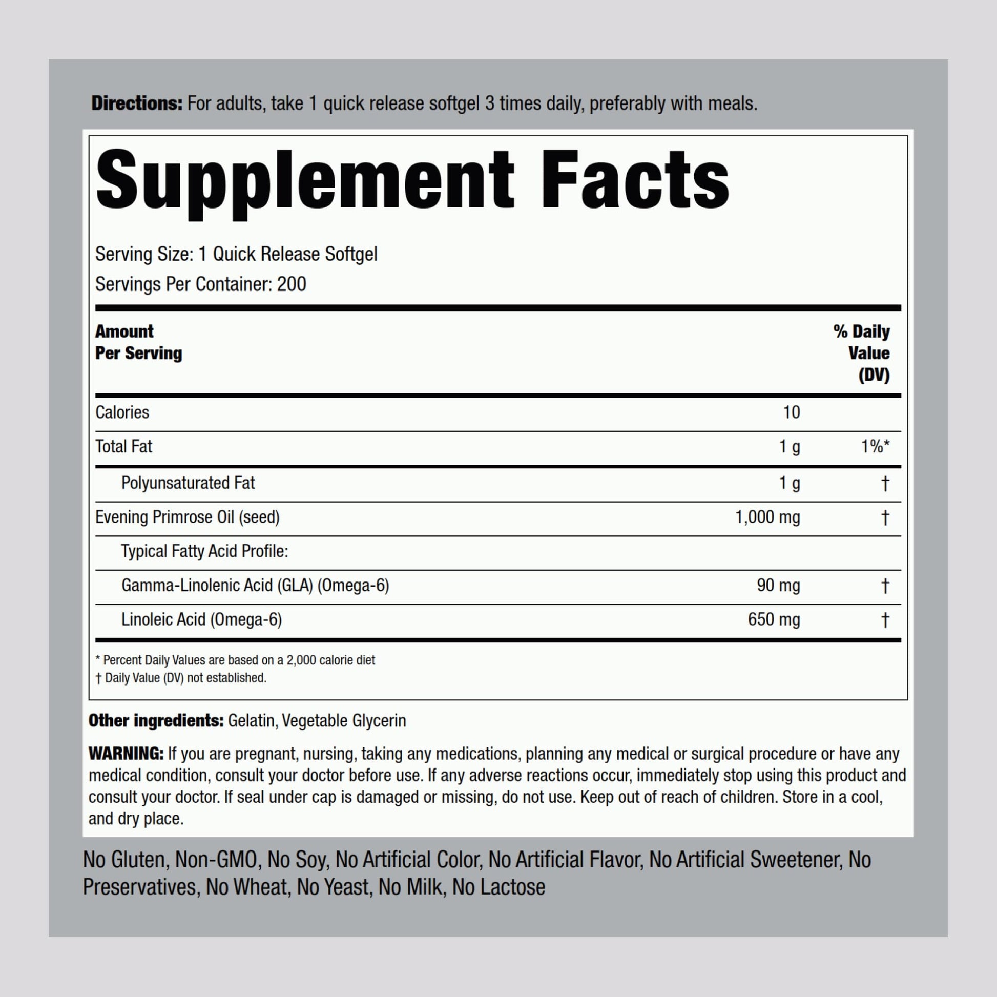 Piping Rock cold pressed evening primrose oil capsules nutritional facts label closeup