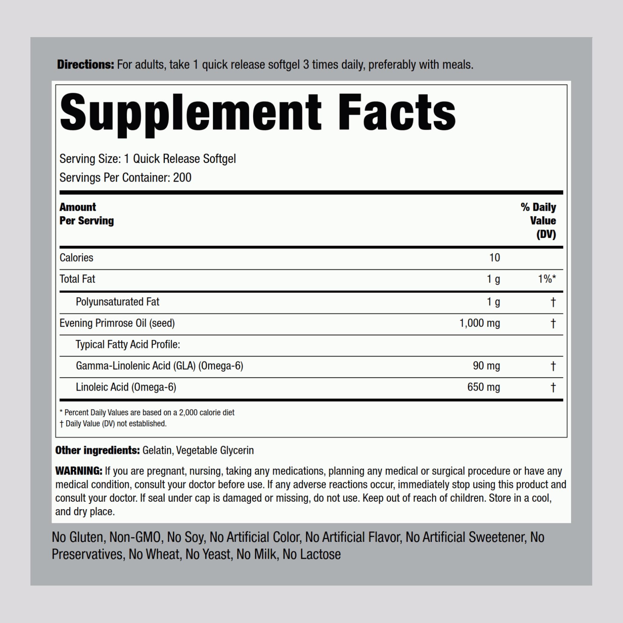 Piping Rock cold pressed evening primrose oil capsules nutritional facts label closeup