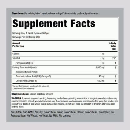 Piping Rock cold pressed evening primrose oil capsules nutritional facts label closeup