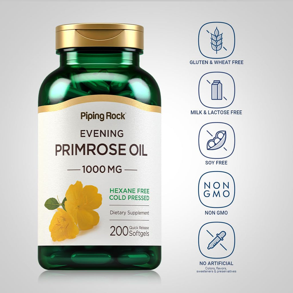 Authentic Piping Rock non GMO gluten free evening primrose oil supplement bottle