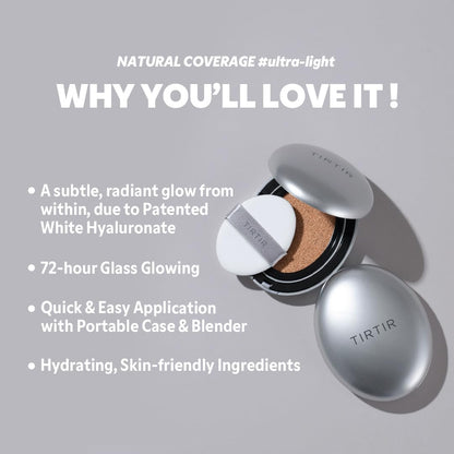 Hydrating semi glow silver cushion foundation compact sitting on a vanity table