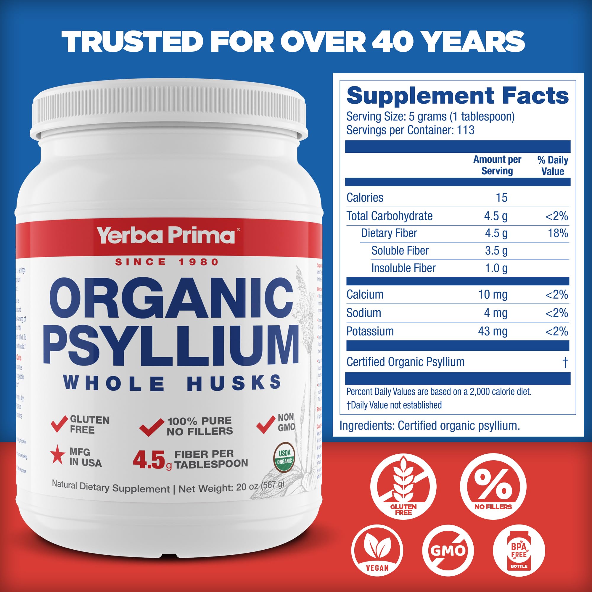 Yerba Prima Organic Psyllium Whole Husks label details