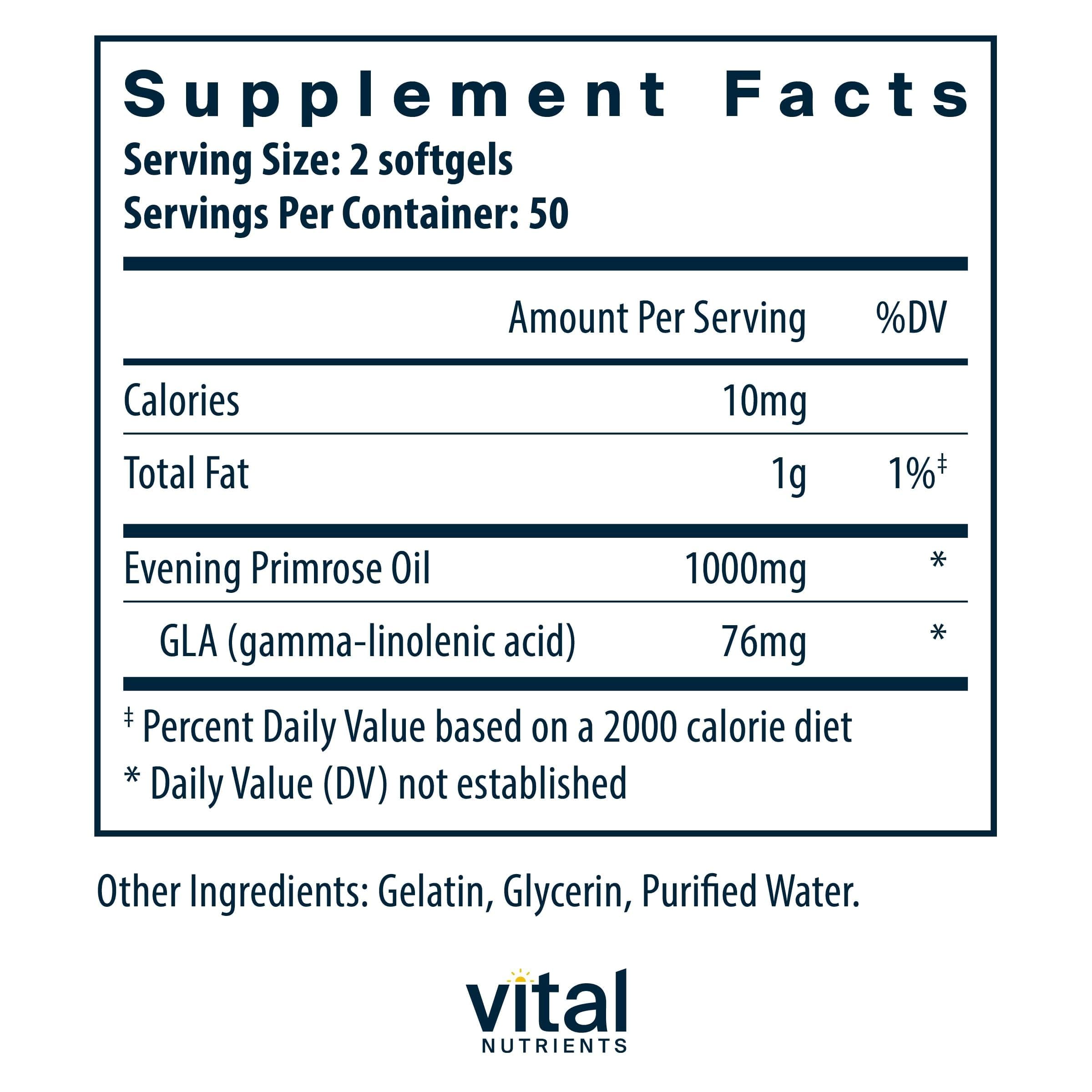 Vital Nutrients Evening Primrose Oil cold pressed supplement facts label details