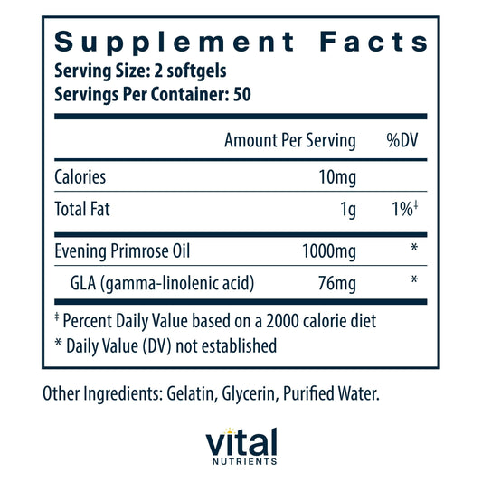Vital Nutrients Evening Primrose Oil cold pressed supplement facts label details