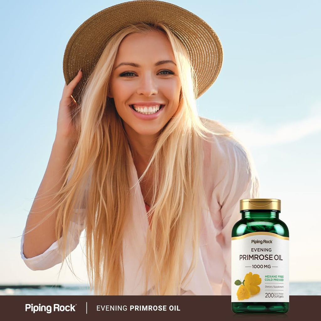 Piping Rock premium evening primrose oil 200 pills pack details showing GLA benefits
