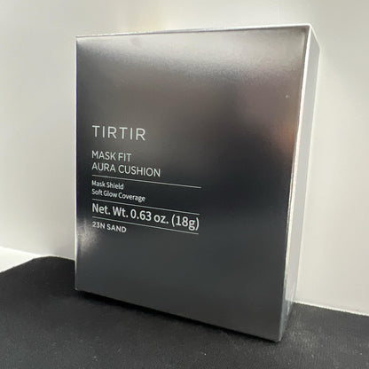 Close up view of the TIRTIR cushion puff applicator being pressed into the foundation