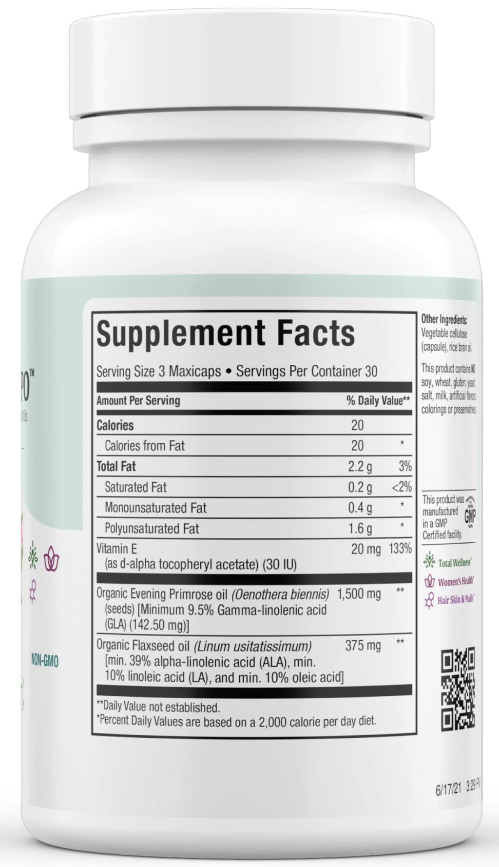 Maxi Health Gamma Linolenic Acid supplement nutritional facts label showing ingredients