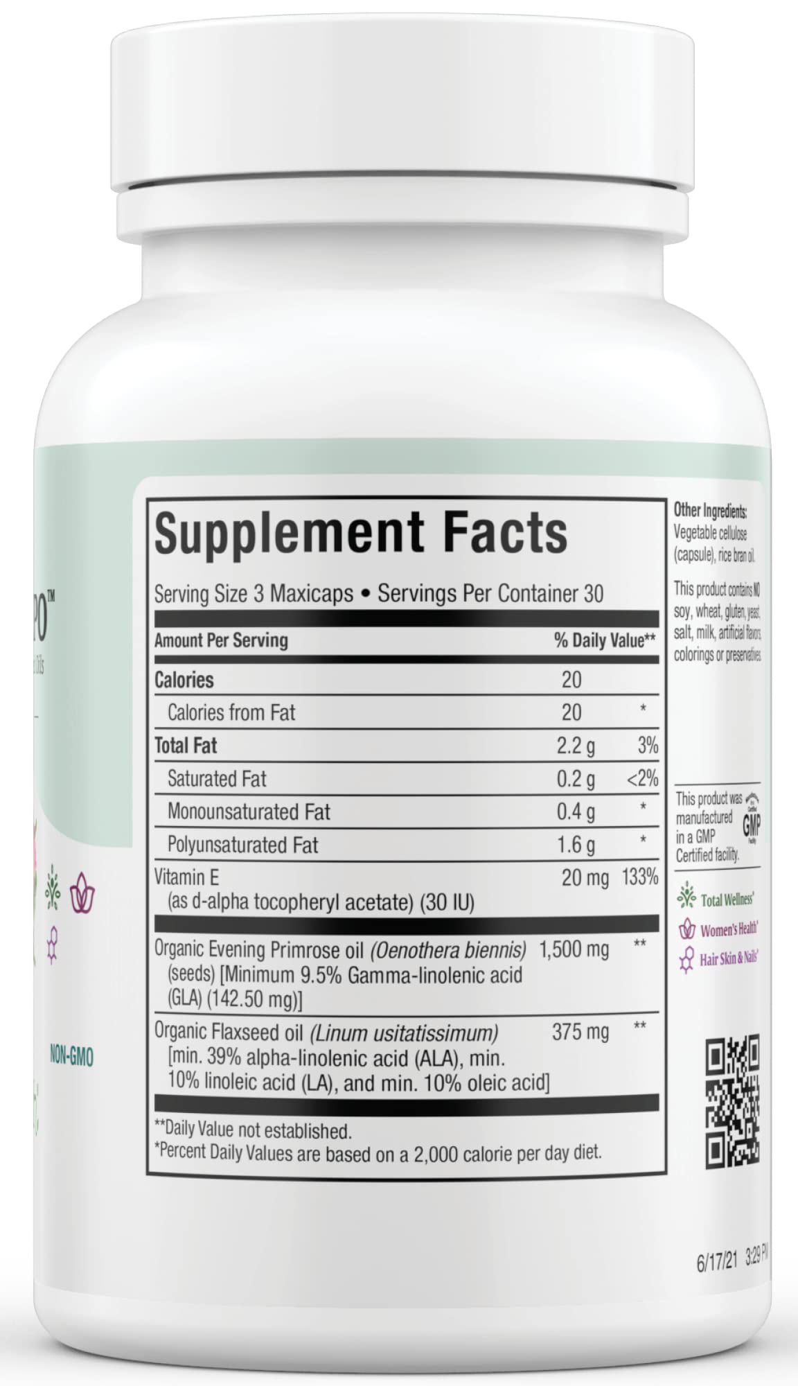 Maxi Health Gamma Linolenic Acid supplement nutritional facts label showing ingredients