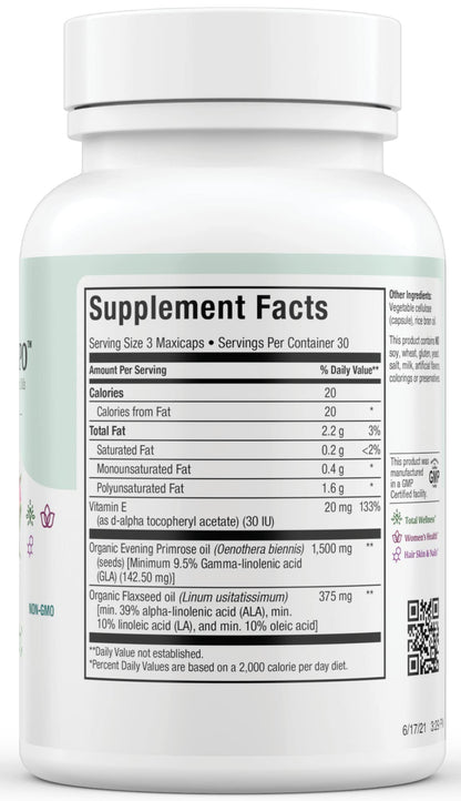 Maxi Health Gamma Linolenic Acid supplement nutritional facts label showing ingredients