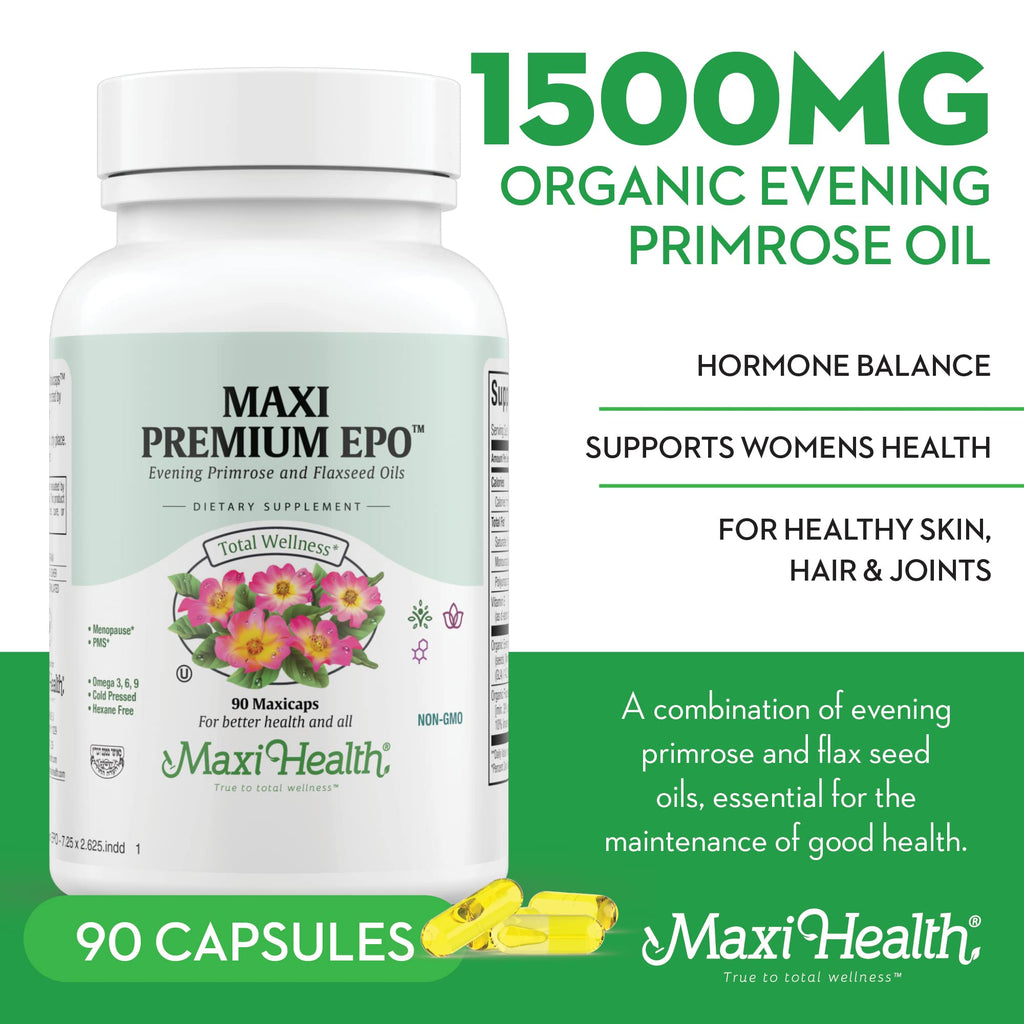 Maxi Premium evening primrose oil ninety vegetarian capsules packaging close up