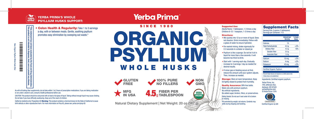Nutritional facts for Yerba Prima Organic Psyllium Whole Husks
