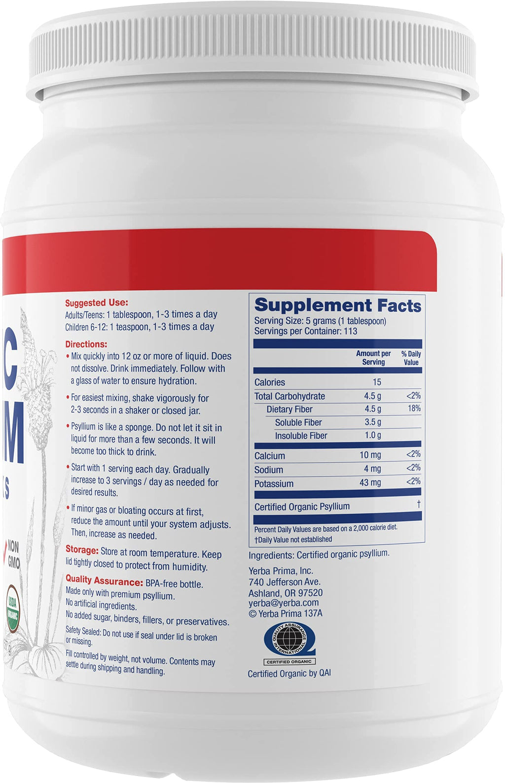 Yerba Prima Organic Psyllium Whole Husks 20 Ounce tub