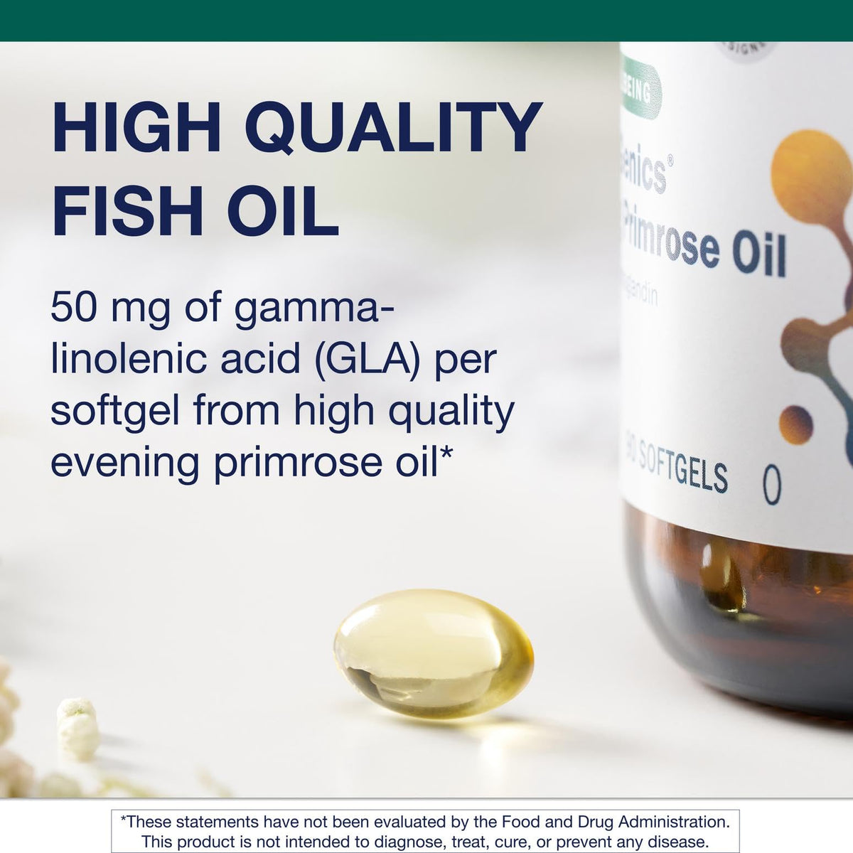 Side view of Metagenics OmegaGenics Evening Primrose Oil bottle displaying non-GMO and gluten-free certifications.