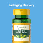 Puritan's Pride cold pressed evening primrose oil supplement showing rapid release softgels.