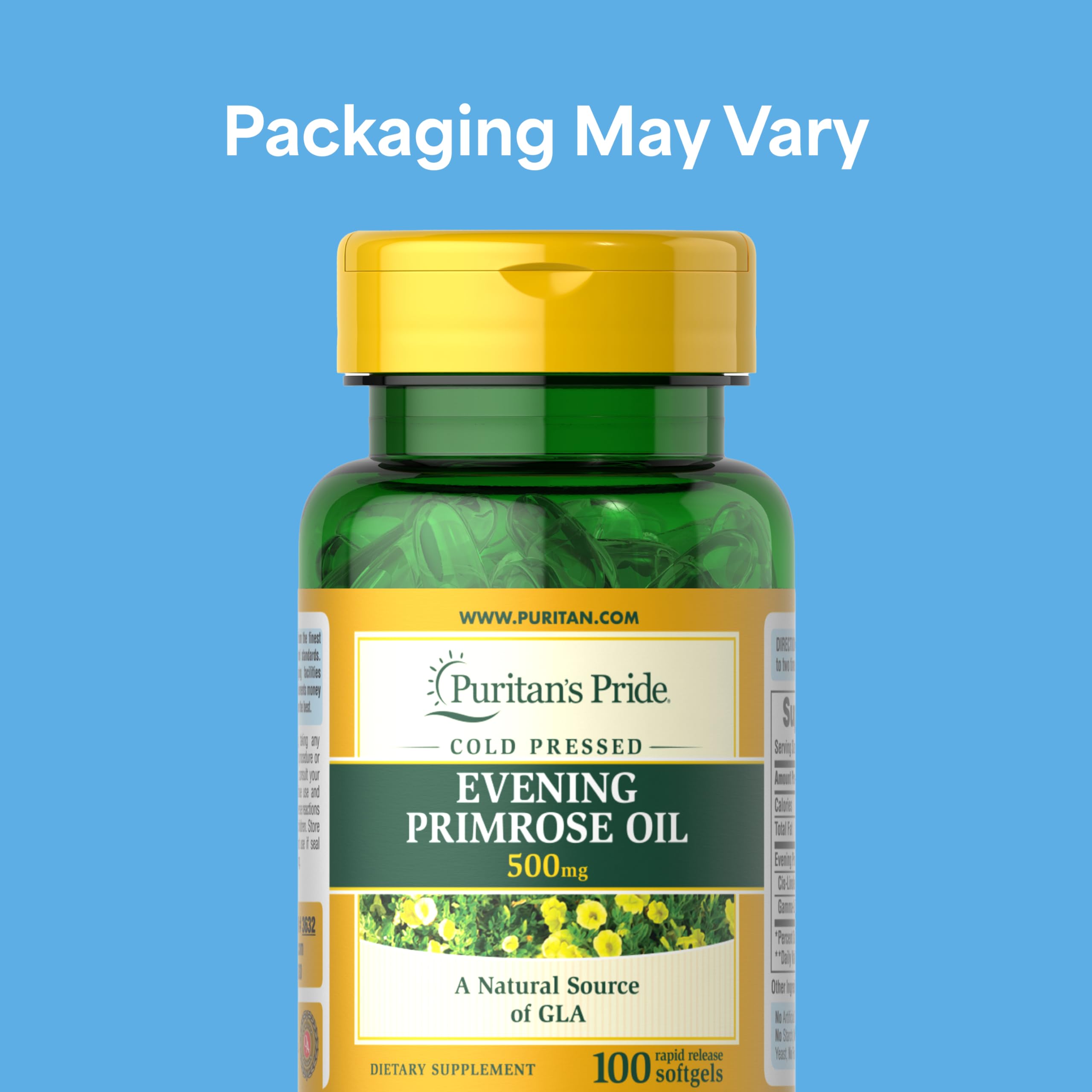 Puritan's Pride cold pressed evening primrose oil supplement showing rapid release softgels.