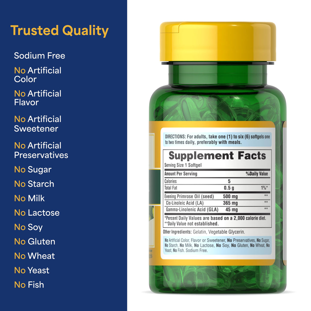 Side view of nutritional facts on women's health evening primrose oil dietary supplement.