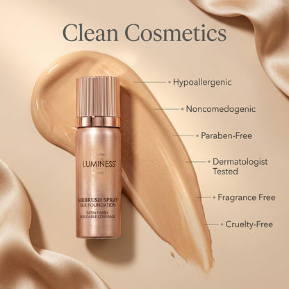 Close up of the dual sided angled kabuki style makeup brush included in the LUMINESS spray foundation set.