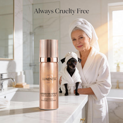 LUMINESS anti aging liquid to mist foundation container showing skin loving ingredients.