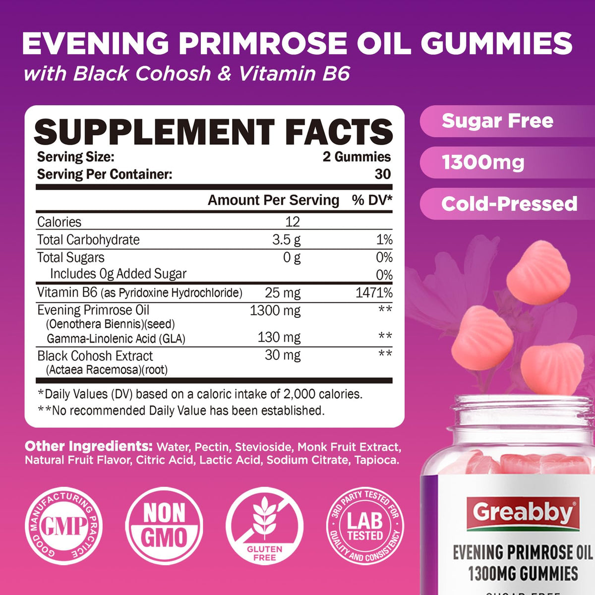 Greabby evening primrose oil with black cohosh dietary supplement packaging close up