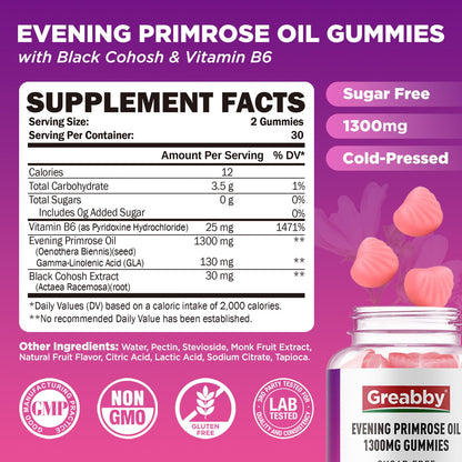 Greabby evening primrose oil with black cohosh dietary supplement packaging close up
