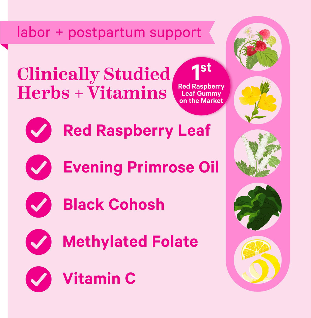 Pink Stork prenatal labor prep supplement bottle displaying nutrition facts and clean vegan ingredients list.
