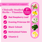 Pink Stork prenatal labor prep supplement bottle displaying nutrition facts and clean vegan ingredients list.