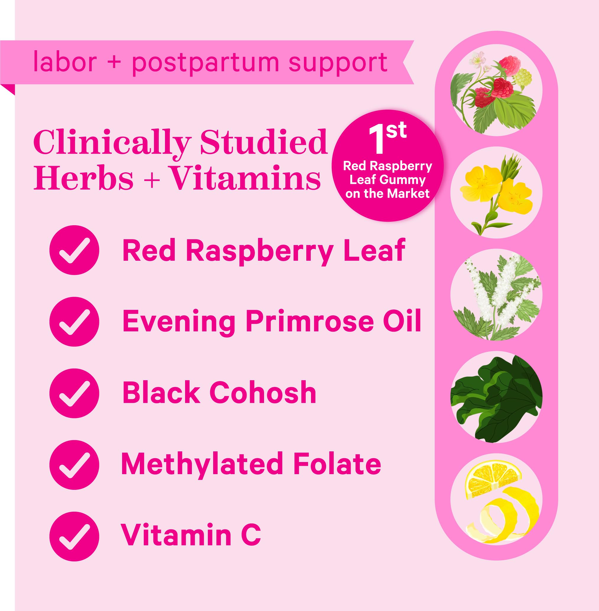 Pink Stork prenatal labor prep supplement bottle displaying nutrition facts and clean vegan ingredients list.