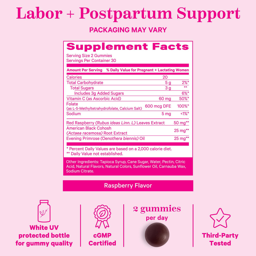 Close up of delicious raspberry flavored pink stork gummies formulated with evening primrose oil.