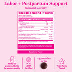 Close up of delicious raspberry flavored pink stork gummies formulated with evening primrose oil.