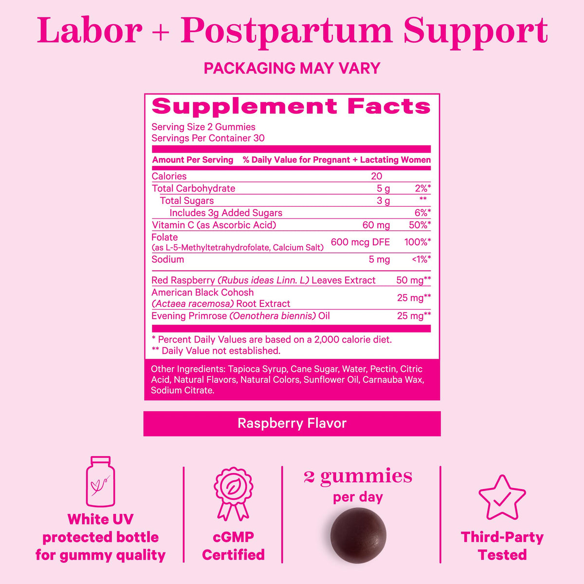 Close up of delicious raspberry flavored pink stork gummies formulated with evening primrose oil.