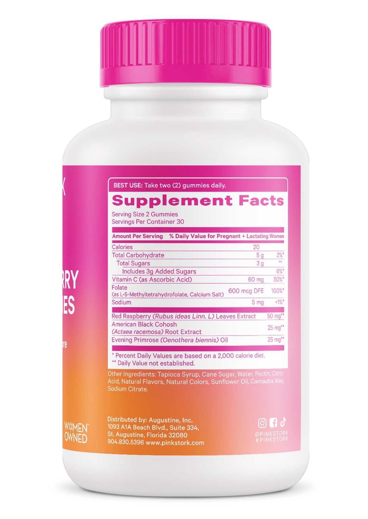Pink Stork hormone balance and labor preparation bottle demonstrating the secure child proof cap design.