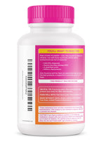 Pink Stork sixty count dietary supplement bottle highlighting the non GMO and gelatin free certifications.