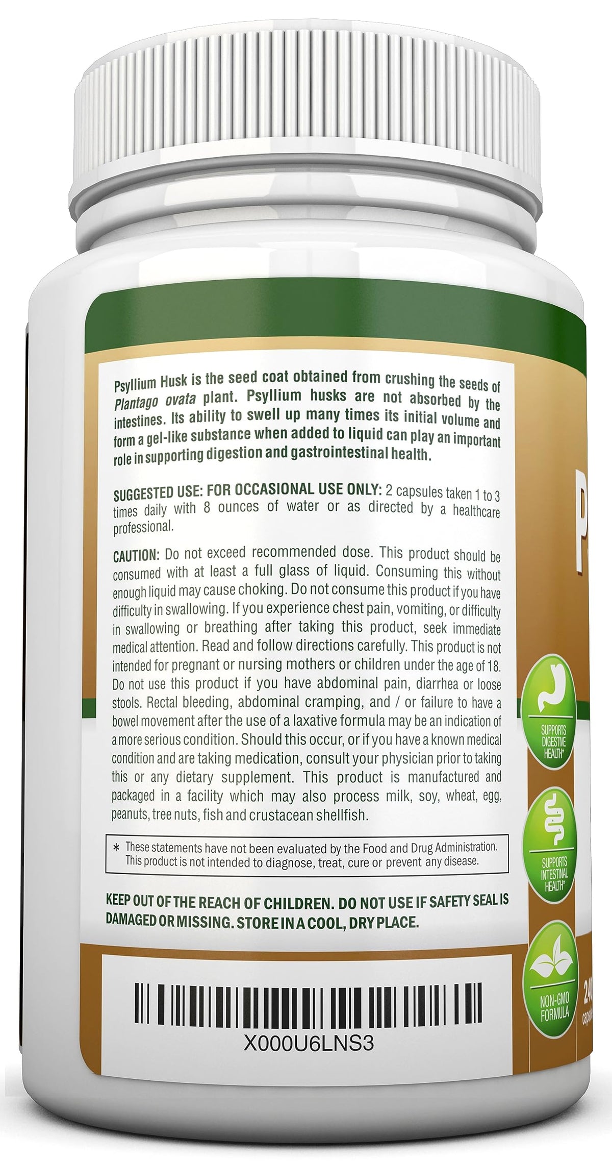 Back view of NutriONN fiber capsules showing supplement facts