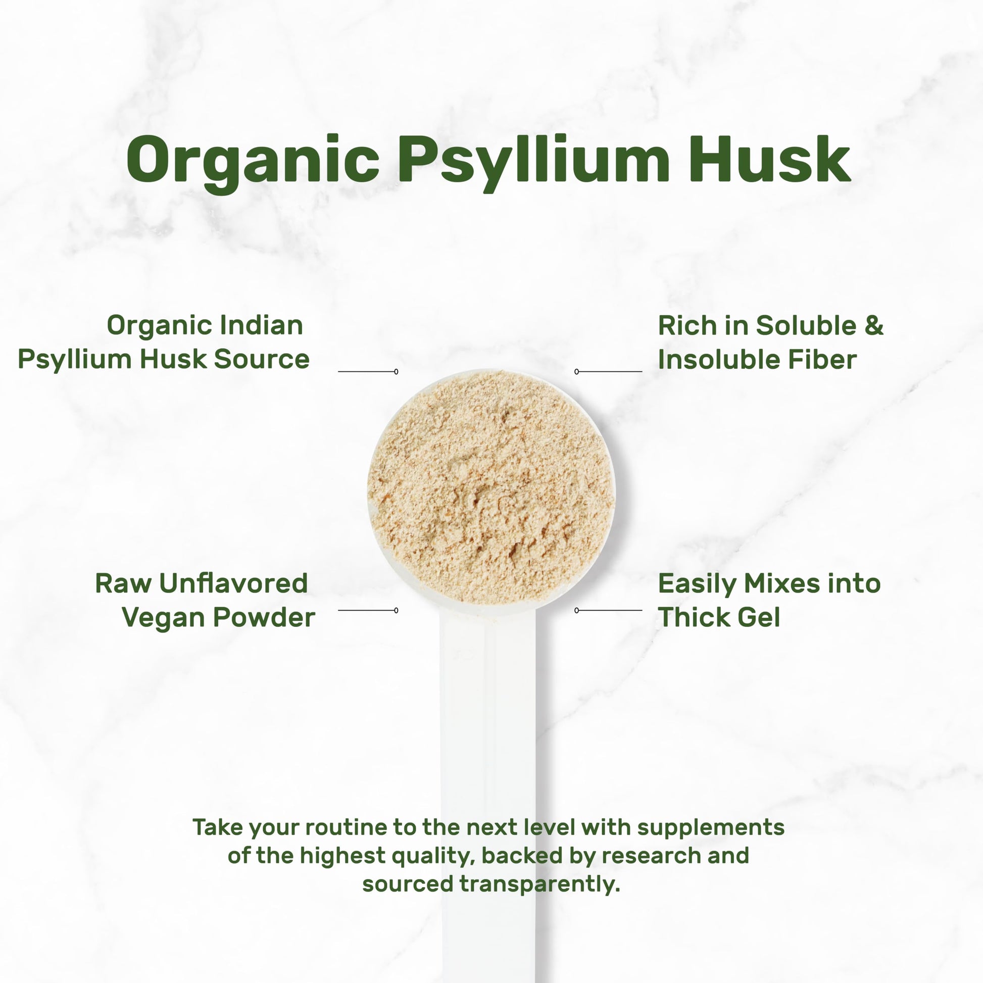 Organic psyllium husk powder texture in scoop