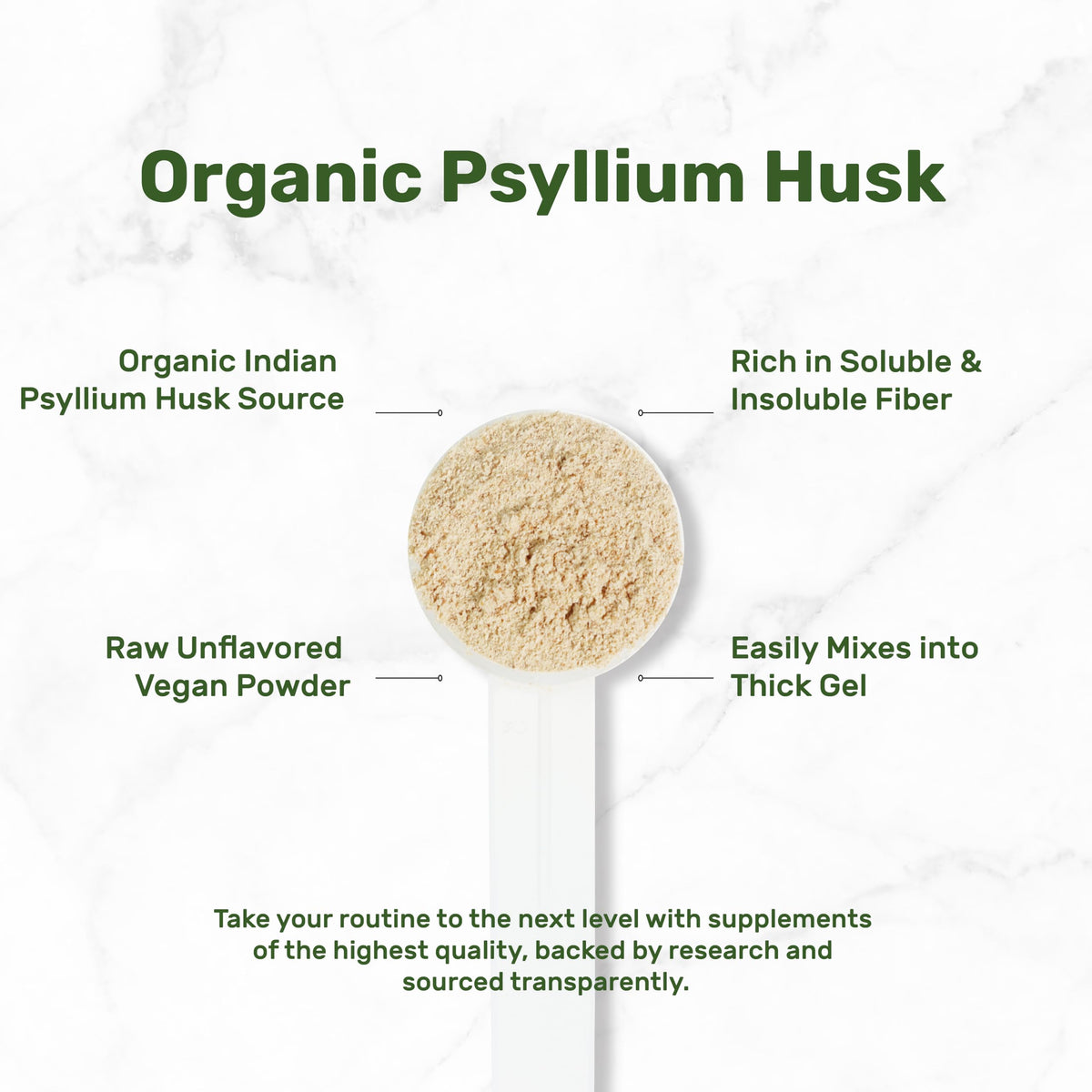 Organic psyllium husk powder texture in scoop