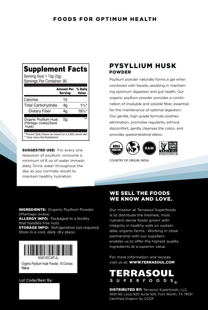 Terrasoul Superfoods psyllium husk powder nutrition and certification label