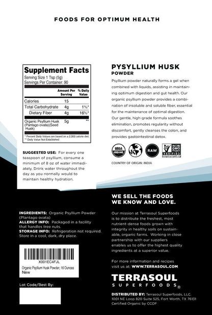 Terrasoul Superfoods psyllium husk powder nutrition and certification label