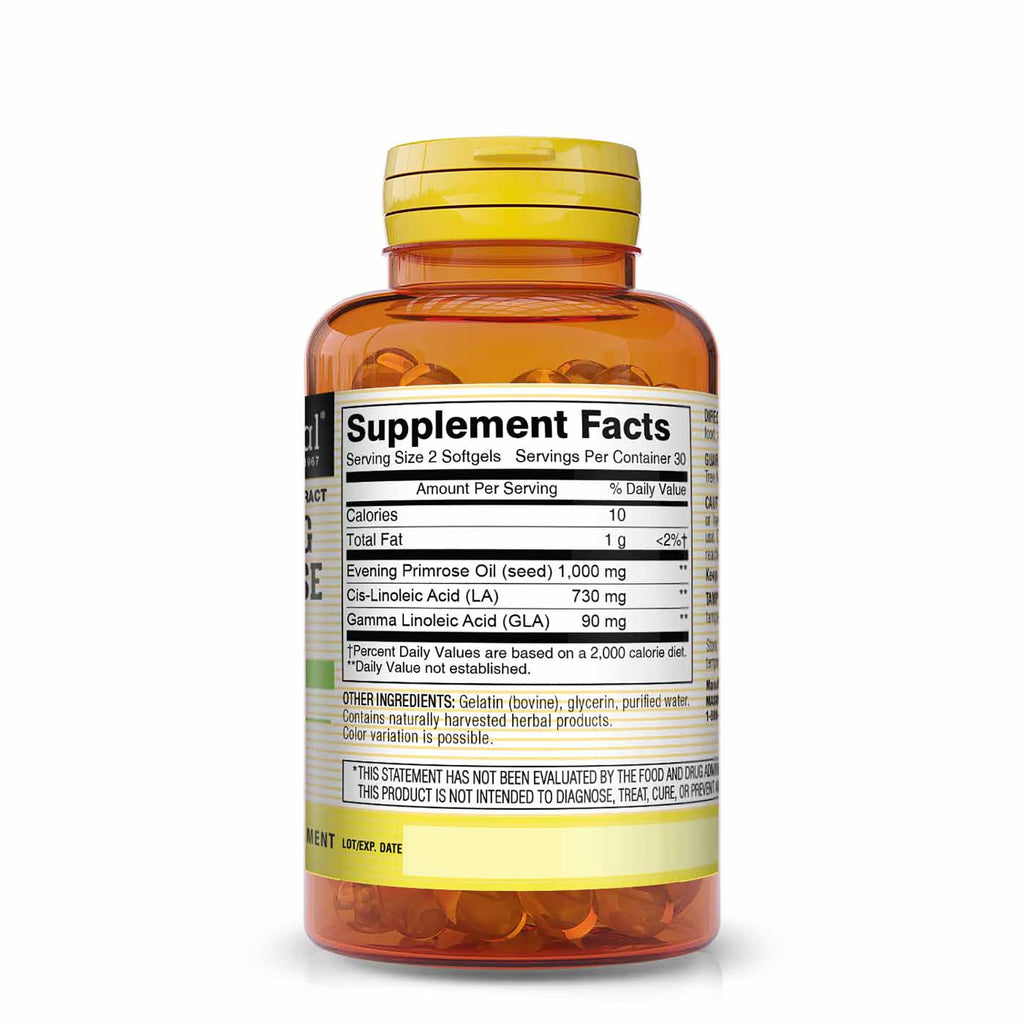 Mason Natural Evening Primrose Oil 60 softgels supplement facts label detailing GLA and LA content.